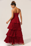 Charming A Line Strapless Burgundy Long Bridesmaid Dress with Ruffles