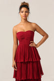 Charming A Line Strapless Burgundy Long Bridesmaid Dress with Ruffles