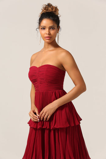 Charming A Line Strapless Burgundy Long Bridesmaid Dress with Ruffles