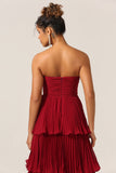 Charming A Line Strapless Burgundy Long Bridesmaid Dress with Ruffles