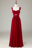 Burgundy Cut Out A Line Long Bridesmaid Dress