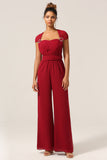 Burgundy Chiffon Convertible Bridesmaid Jumpsuits