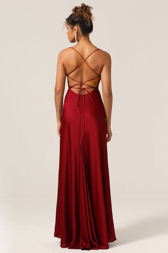 Simple A Line Lace-Up Back Burgundy Long Bridesmaid Dress with Criss Cross Back