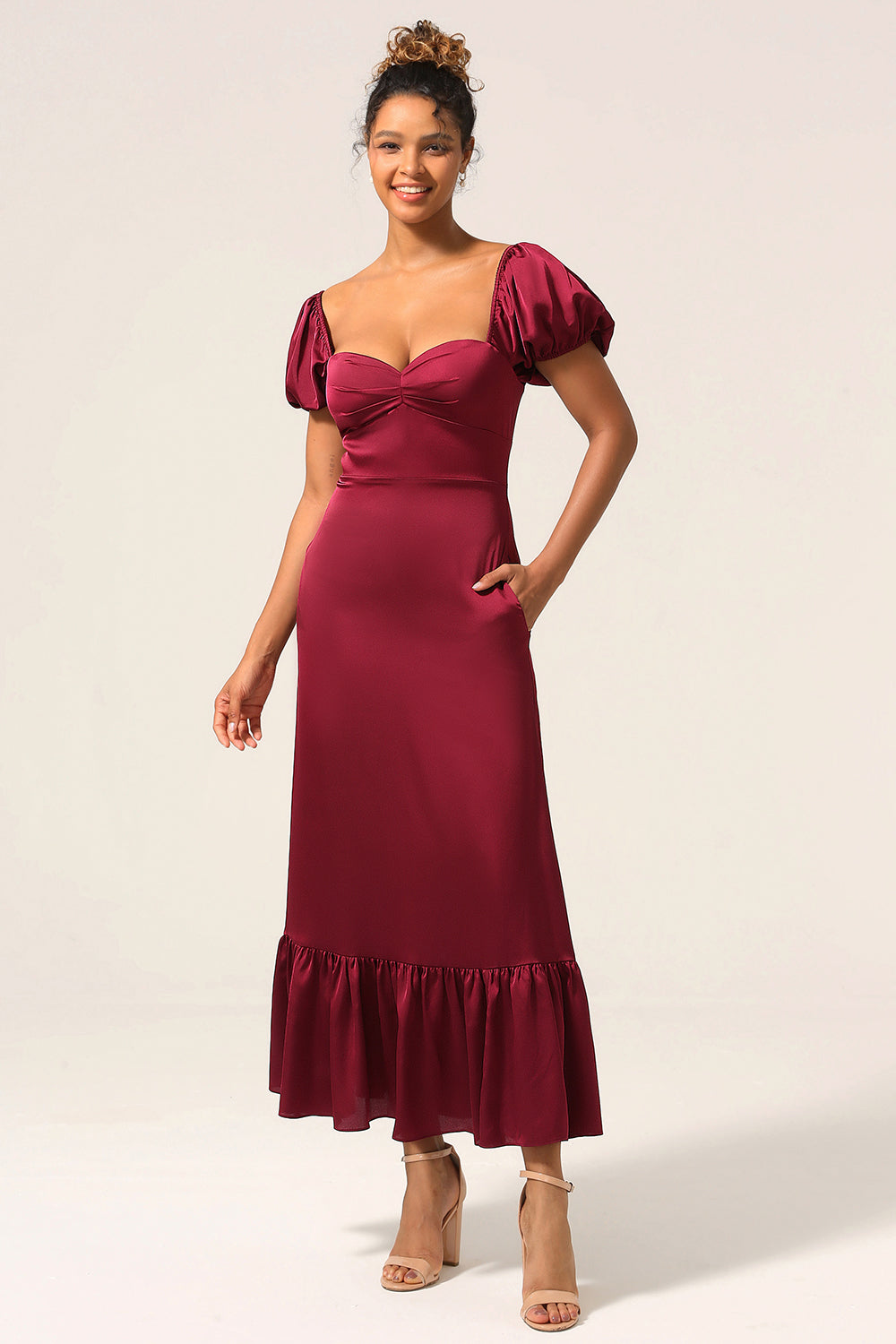 Sweetheart Burgundy Bridesmaid Dress with Puff Sleeves