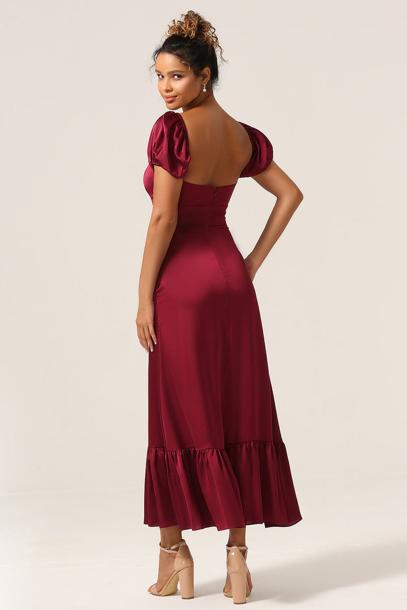 Load image into Gallery viewer, Sweetheart Burgundy Bridesmaid Dress with Puff Sleeves