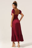 Sweetheart Burgundy Bridesmaid Dress with Puff Sleeves