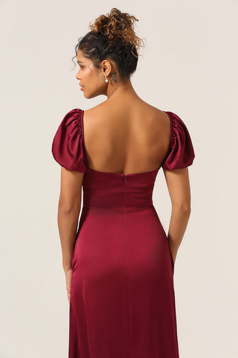 Sweetheart Burgundy Bridesmaid Dress with Puff Sleeves