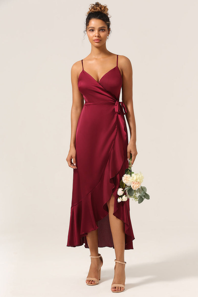 Load image into Gallery viewer, A Line Spaghetti Straps Burgundy Bridesmaid Dress with Ruffles