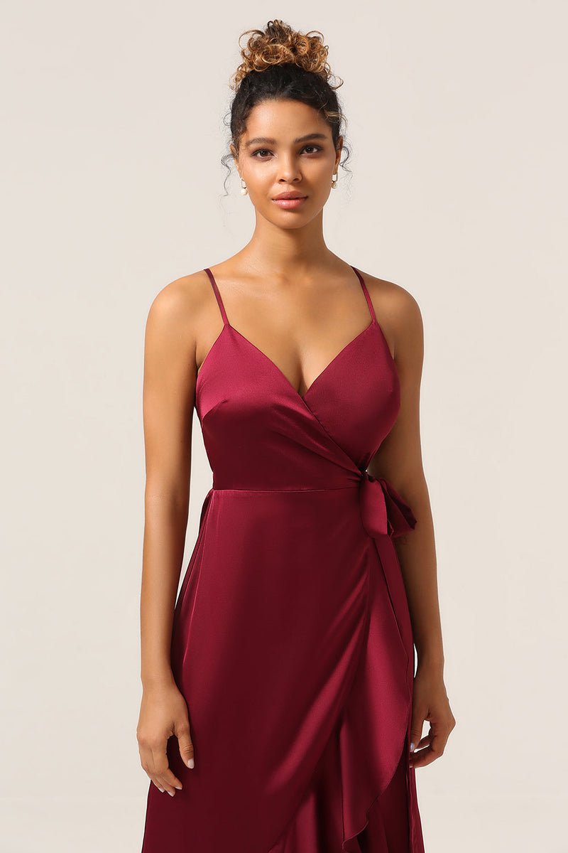 Load image into Gallery viewer, A Line Spaghetti Straps Burgundy Bridesmaid Dress with Ruffles