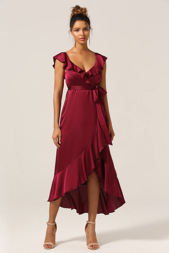 A Line V-Neck Burgundy Bridesmaid Dress with Ruffles