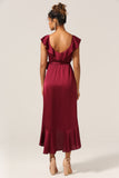 A Line V-Neck Burgundy Bridesmaid Dress with Ruffles