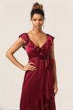 A Line V-Neck Burgundy Bridesmaid Dress with Ruffles