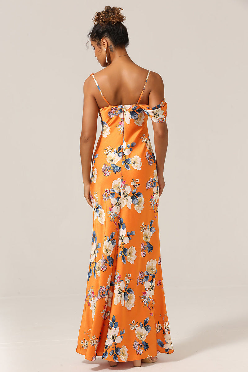 Load image into Gallery viewer, Trendy Mermaid One Shoulder Printed Orange Flower Bridesmaid Dress