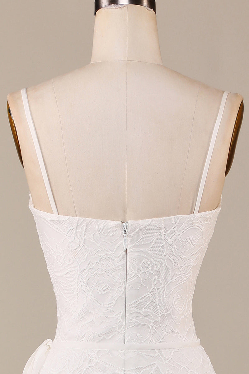 Load image into Gallery viewer, Sheath Spaghetti Straps Ivory Lace Asymmetrical Detachable Train Boho Wedding Dress
