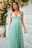 Charming A Line Spaghetti Straps Green Long Bridesmaid Dress with Appliques