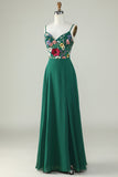 A-Line Spaghetti Straps Dark Green Long Bridesmaid Dress with 3D Flowers