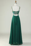 A-Line Spaghetti Straps Dark Green Long Bridesmaid Dress with 3D Flowers