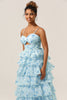Load image into Gallery viewer, Gorgeous A Line Spaghetti Straps Cut Out Tiered Blue Bridesmaid Dress