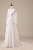 Ivory Chiffon Sweep Train Boho Wedding Dress with Lace