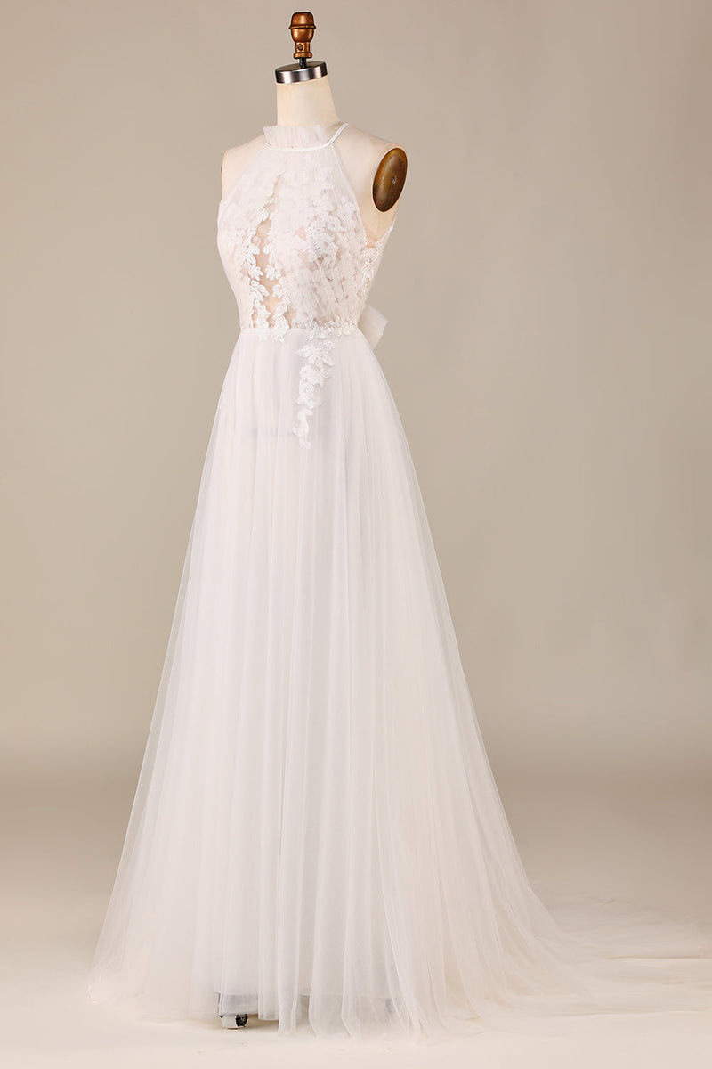 Load image into Gallery viewer, Charming A Line Halter Neck Ivory Open Back Tulle Sweep Train Wedding Dress with Lace