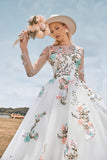 Gorgeous A Line Tulle Long Sleeves Long Ivory Wedding Dress with Embroidery