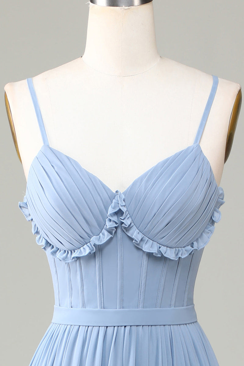 Load image into Gallery viewer, Dusty Blue Corset Spaghetti Straps Long Bridesmaid Dress With Criss Cross Back