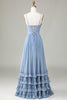 Load image into Gallery viewer, Dusty Blue Corset Spaghetti Straps Long Bridesmaid Dress With Criss Cross Back