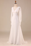 Ivory Long Sleeves Boho Chiffon Open Back Wedding Dress