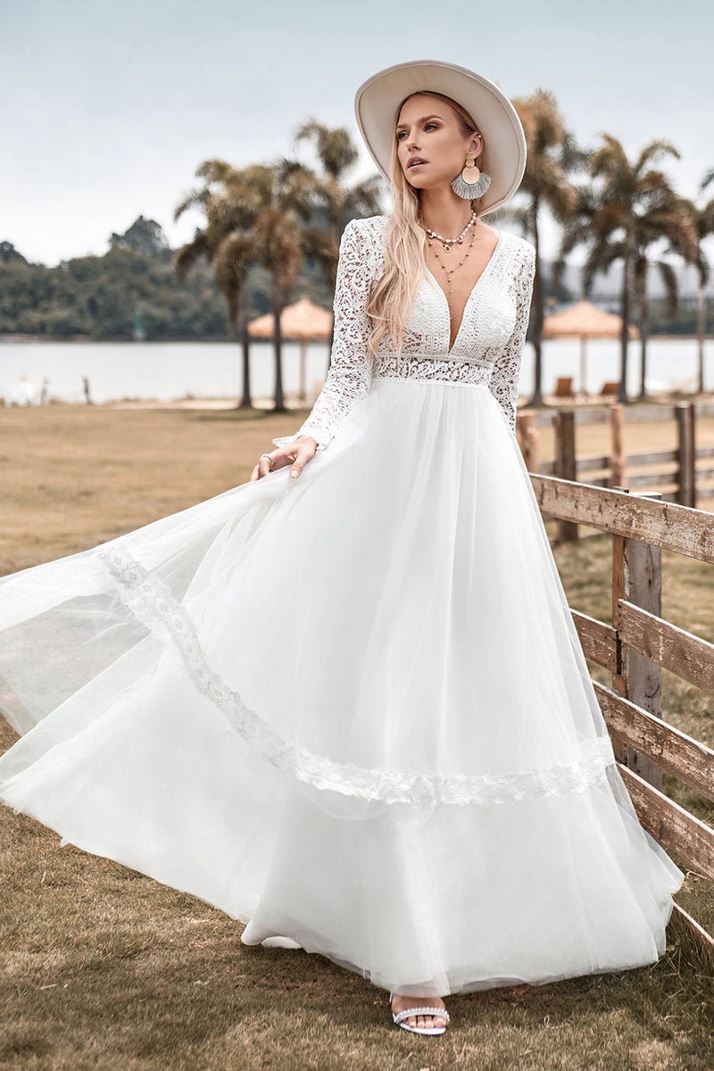 Load image into Gallery viewer, Lace Long Sleeves Deep V-neck Boho Wedding Dress with Backless