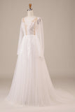 Long Sleeves Open Back Ivory Wedding Dress with Appliques