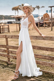 Lace Backless Spaghetti Straps Boho Wedding Dress with with Slit