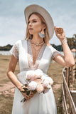 Deep V-neck Simple Boho Wedding Dress with Slit