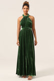 Elegant A Line V Neck Dark Green Covertible Wear Velvet Long Bridesmaid Dress