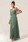 A Line Spaghetti Straps Eucalyptus Tie Straps Bridesmaid Dress With Slit