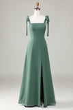 Eucalyptus Tie Straps A Line Bridesmaid Dress With Slit