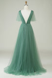 Eucalyptus V Neck Open Back A-Line Tulle Bridesmaid Dress