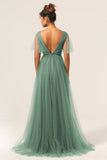 Eucalyptus V Neck Open Back A Line Bridesmaid Dress