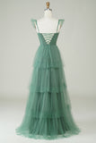 A Line Spaghetti Straps Long Tulle Eucalyptus Bridesmaid Dress