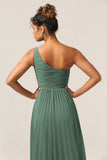 A Line One Shoulder Eucalyptus Long Bridesmaid Dress with Ruched