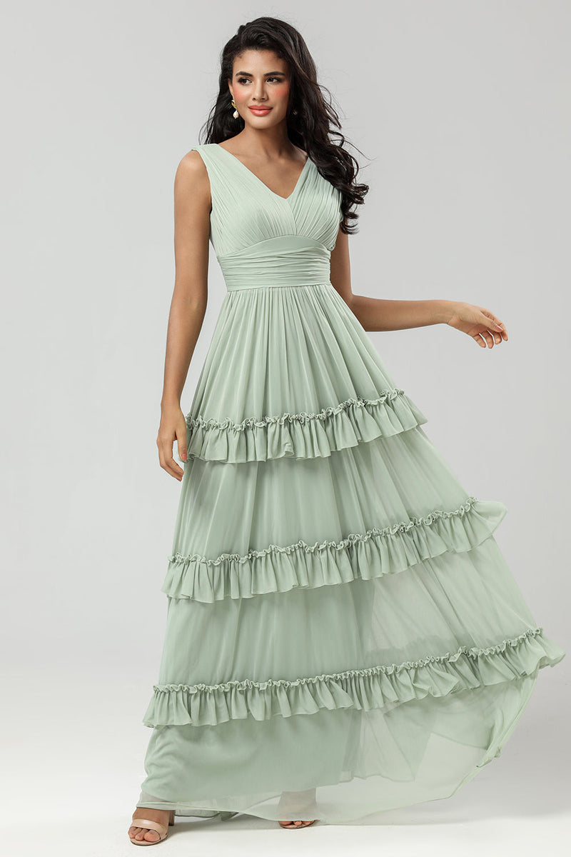 Load image into Gallery viewer, A Line Chiffon Green Bridesmaid Dress with Pleated