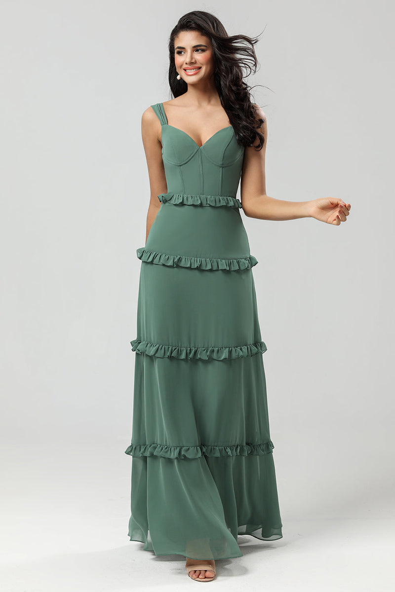 Load image into Gallery viewer, Classic Elegance A Line Off the Shoulder Eucalyptus Long Bridesmaid Dress
