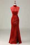 Mermaid Terracotta Velvet Sleeveless Bridesmaid Dress