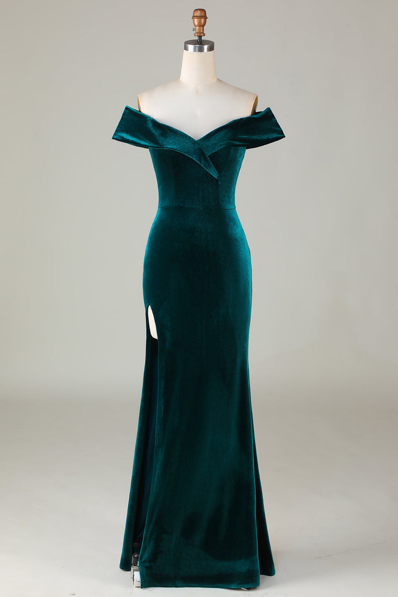 Load image into Gallery viewer, Off the Shoulder Peacock Green Velvet Mermaid Bridesmaid Dress With Slit