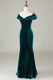 Off the Shoulder Peacock Green Velvet Mermaid Bridesmaid Dress With Slit