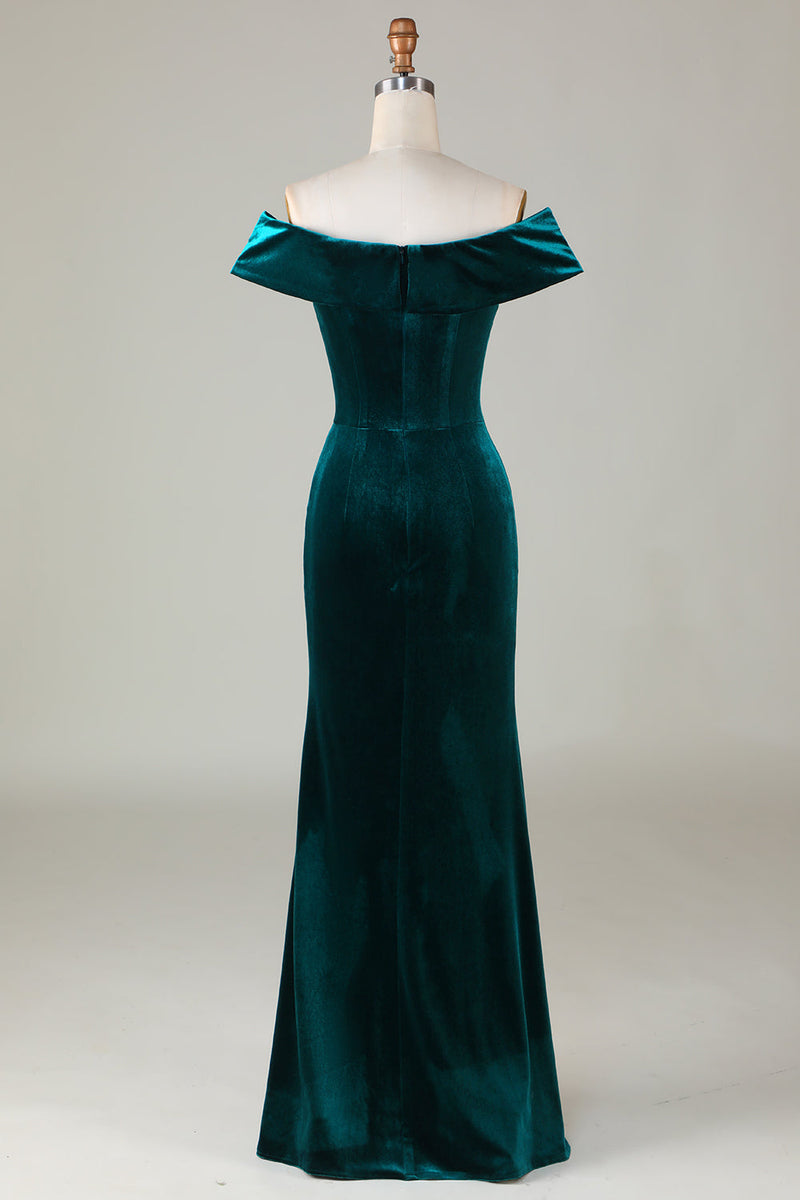 Load image into Gallery viewer, Off the Shoulder Peacock Green Velvet Mermaid Bridesmaid Dress With Slit