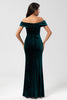 Load image into Gallery viewer, Epitome of Romance Mermaid Off the Shoulder Peacock Green Velvet Bridesmaid Dress