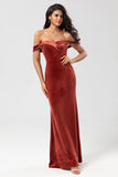 Keeper of My Heart Mermaid Off the Shoulder Terracotta Velvet Bridesmaid Dress