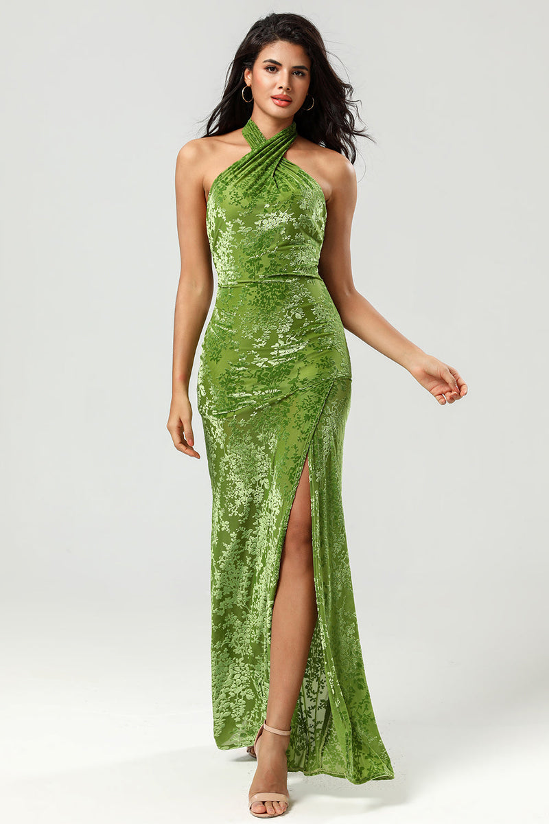 Load image into Gallery viewer, Confidently Charismatic Mermaid Halter Neck Olive Velvet Long Bridesmaid Dress