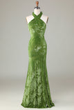 Velvet Halter Olive Bridesmaid Dress