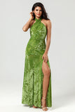 Confidently Charismatic Mermaid Halter Neck Olive Velvet Long Bridesmaid Dress